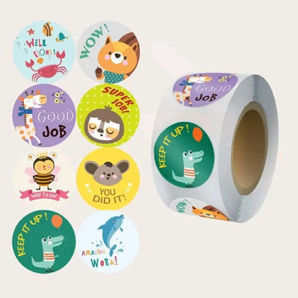 500pcs/Roll Good Job Stickers 1 Inch Cartoon Animal Rainbow Star Reward  Adhesive Tape for Office School Award F7217