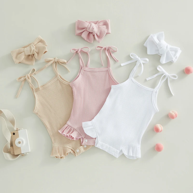

SUNSIOM Baby Girls Romper Solid Color Knitted Ribbed Tie-Up Spaghetti Straps Sleeveless Ruffles Baby Bodysuits with Headband