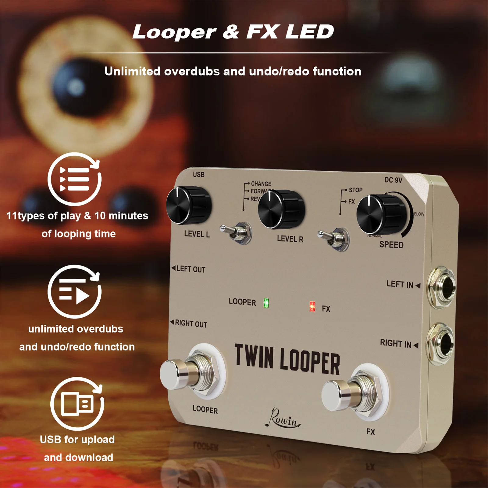 Guitar Looper Pedal Effects Pedal Zinc Alloy with 2 Footswitch 11 Playback Types 24-Bit Sampling Guitar Loop Station