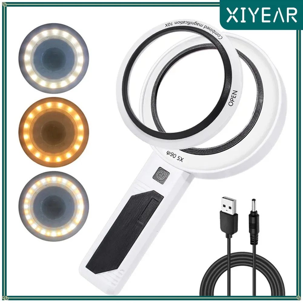 

Handheld Magnifier 20x Optical Magnifier Rechargeable 3-Color LED Light Source Adjustable Dual Combination Magnifier