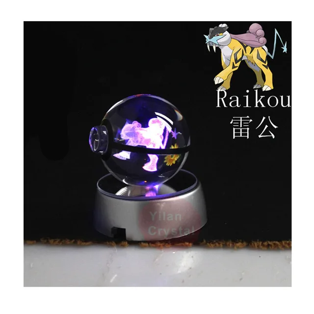 Anime Pokemon Raikou 3D Crystal Ball Pokeball Anime Figures Engraving Crystal Model with LED Light Base Kids Toy ANIME GIFT