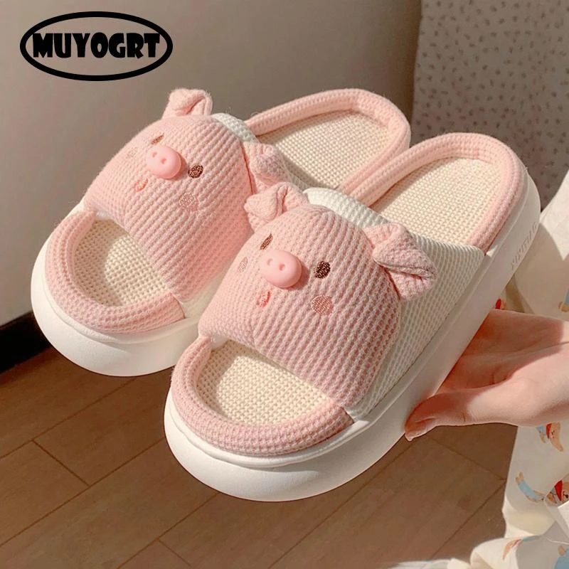 2023 New Linen Slippers Cute Cartoon Pig Slippers Women'S Indoor