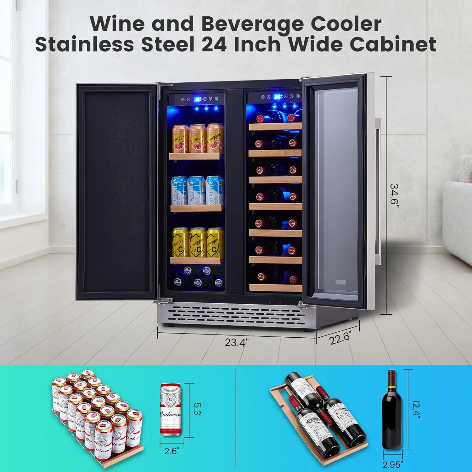 Wine Cooler Beverage Refrigerator, 24&rdquo; Wine Fridge with Dual-Zone Digital Temperature Control, Glass Front Doors