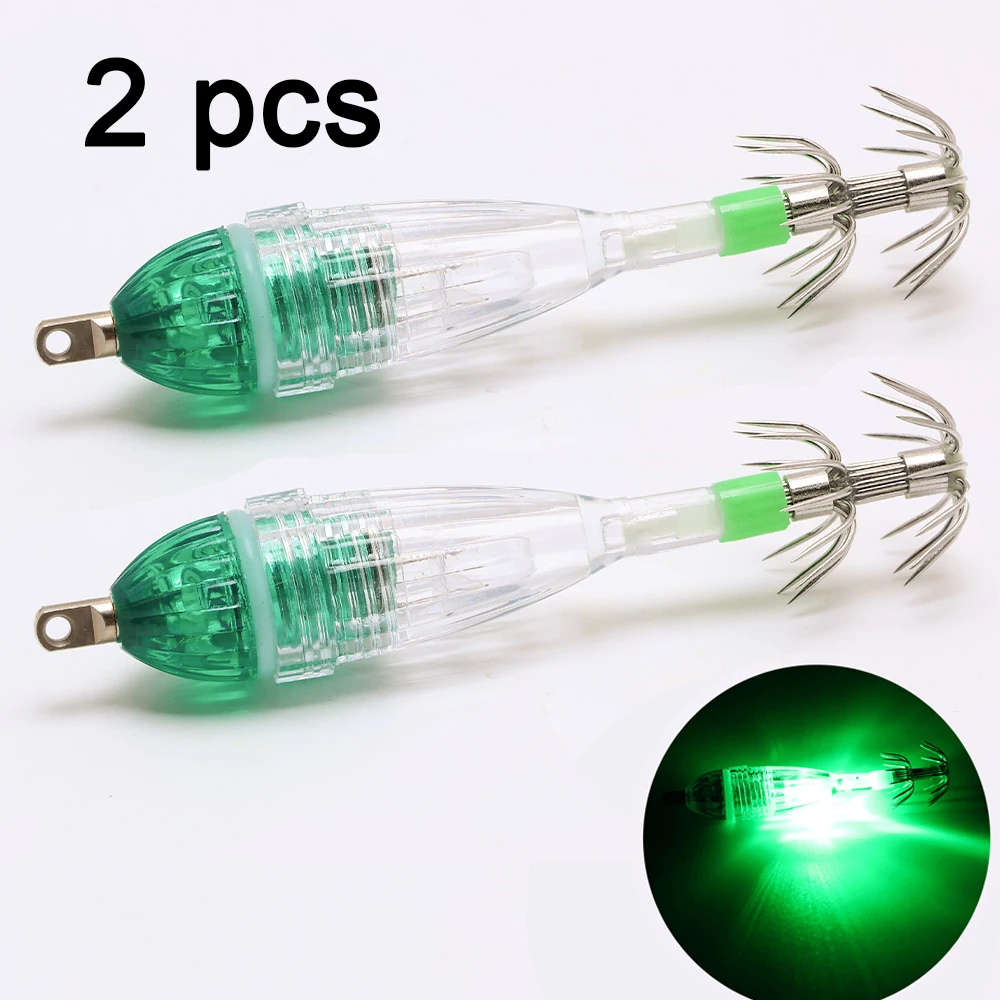 2 lumières de pêche avec hameçons LED clignotantes pour attirer calmars la nuit sous l'eau