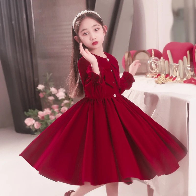 Robe de fête en velours lisse fille noeud au dos rouge