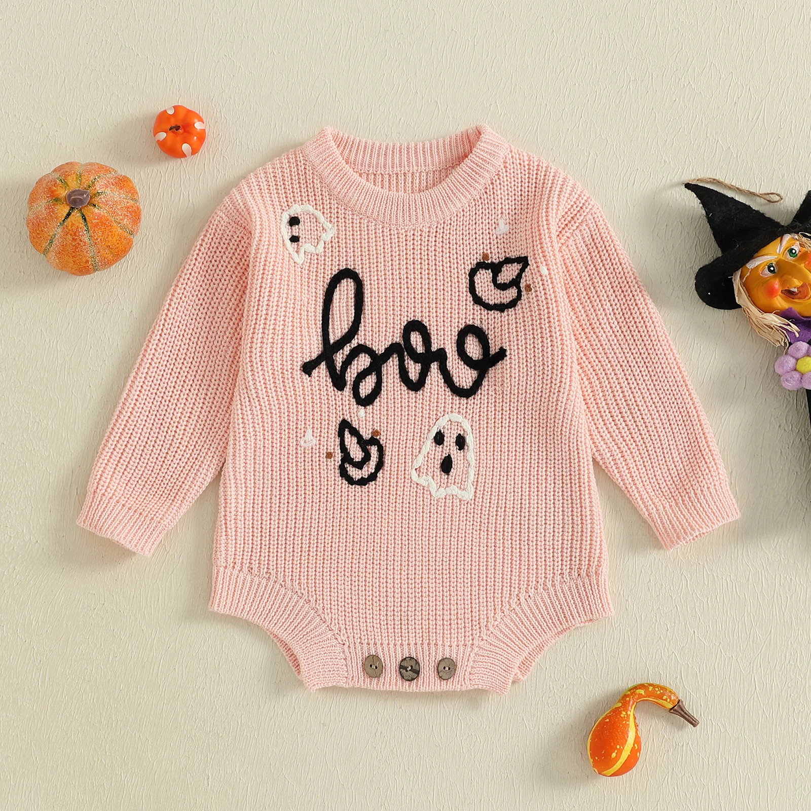 FOCUSNORM 0-12M 소년 소녀 할로윈 스웨터 Romper 5 색 유령 편지 수 놓은 Crewneck 긴 소매 점프 슈트