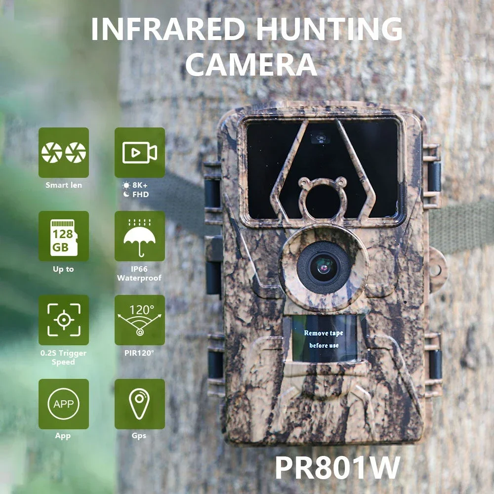 8K WiFi Waterproof Trail Camera PR801W 60MP Supports APP Viewing for Outdoor Animal Hunting Night Vision and Farm Monitoring