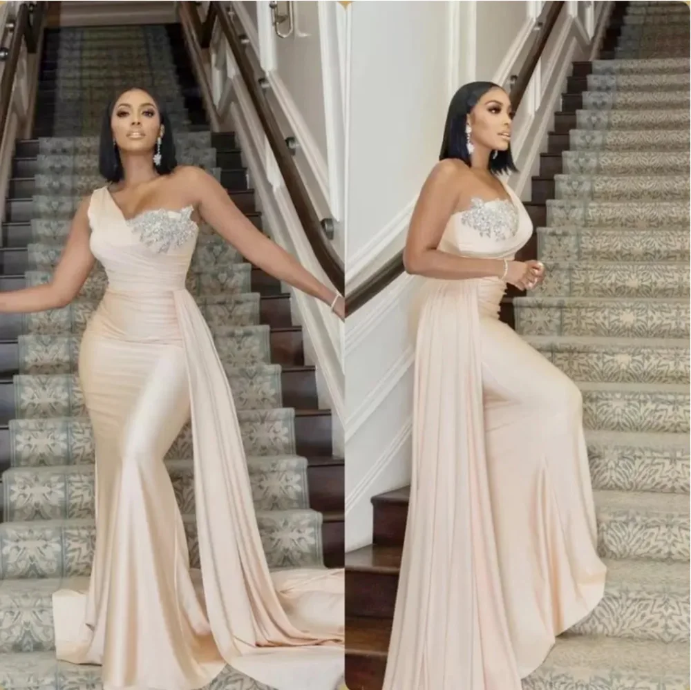 

Sexy One-Shoulder Mermaid Prom Party Gown Floor-Length Sweep Train Applique Crystal Elastic Satin long Zipper Backless Plus Size