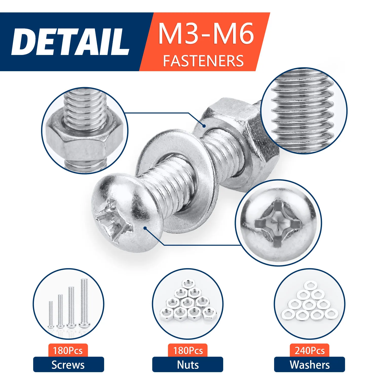 Screw and Nut Kit 600Pcs Screws Bolts and Nuts Assortment Metric Machine Screws and Flat Washers M3 M4 M5 M6 Phillips Pan Head Sets-16 Sizes