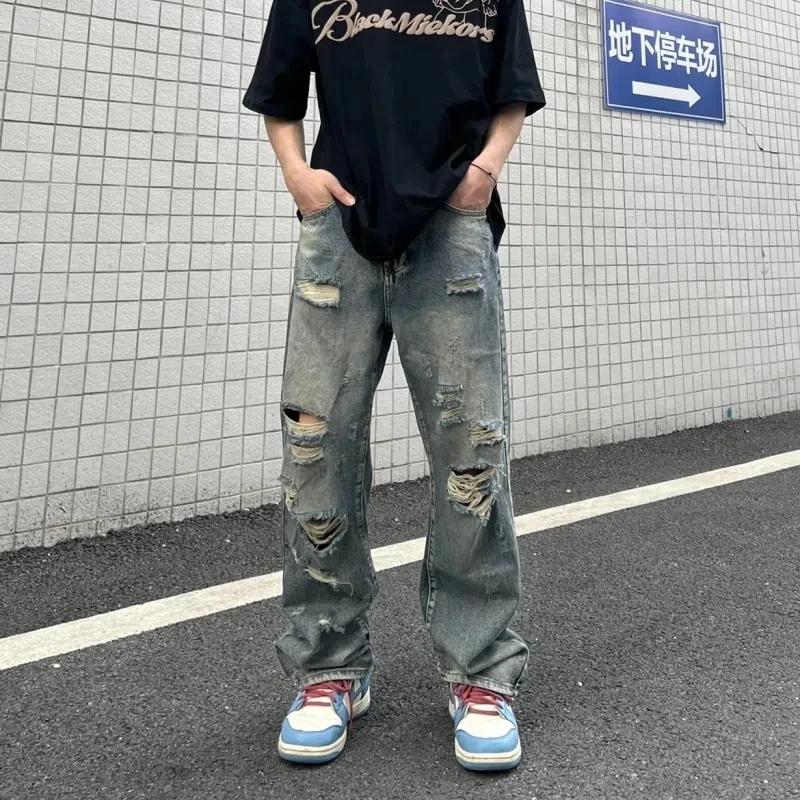 

Hiphop Fried Street Pants Men's High Street Fashion Brand European and American Vintage Washed Rough Edged and Perforated Jeans