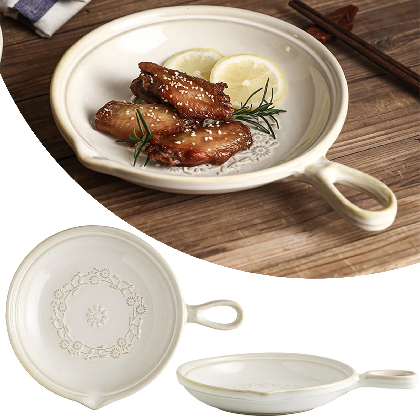 Japanese Style Retro Ceramic Round Plate Single Handle Kiln-changed Plate Tableware Creative Salad Steak Salad Sushi