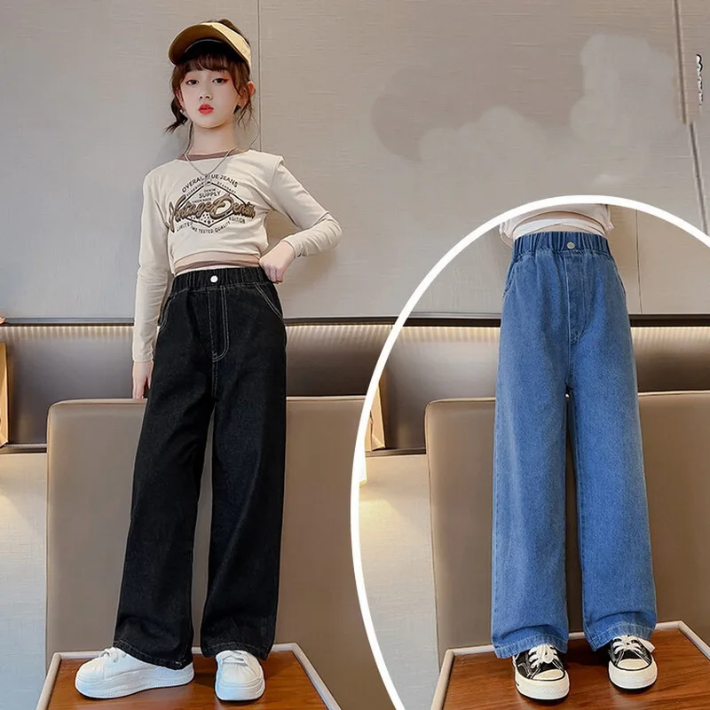 

Kids Girls Jeans 2023 Spring Denim for Baby Girls Straight Wide Leg Pants Children Long Trousers Teenagers Clothing 12 14Years
