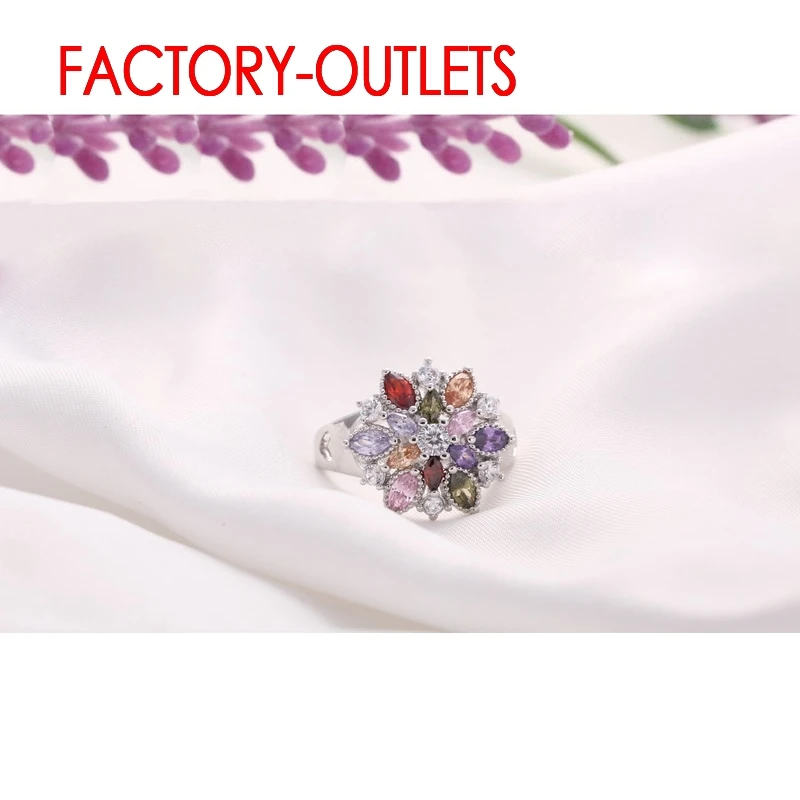 Fashion Rings 925 Sterling Silver Ring Colourful Cubic Zirconia Flower Design Cute Style Women Girls Party Engagement