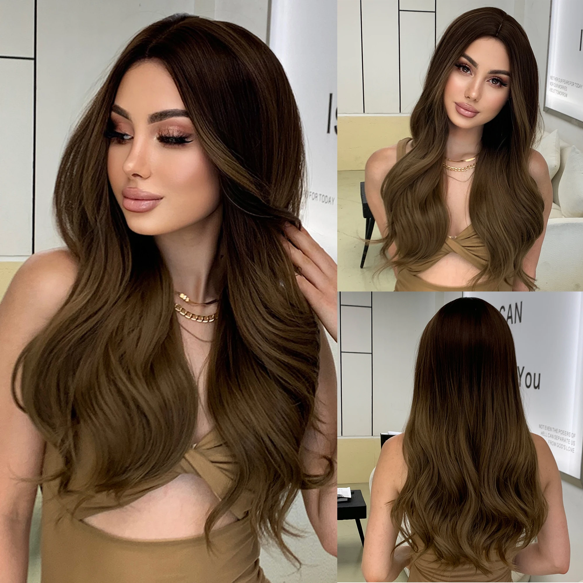 

Craftourist Long Brown Ombre Synthetic Wigs for Women Natural Hair Wavy Wigs Middle Part Female Wig Cosplay Heat Resistant Wigs