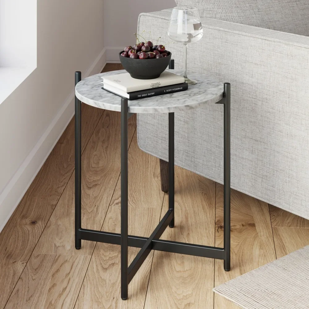 

Modern White Faux Marble Round Accent Side Table, Metal End Table with X-shaped Base, White/Black