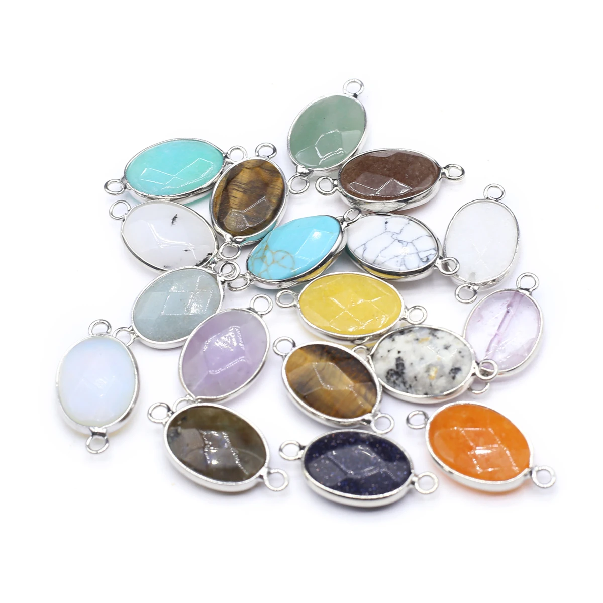 

Natural Semi-Precious Stones Random Colour Oval Shaped Connector Silver Edge Pendant for DIY Jewelry Making Handmade Necklace