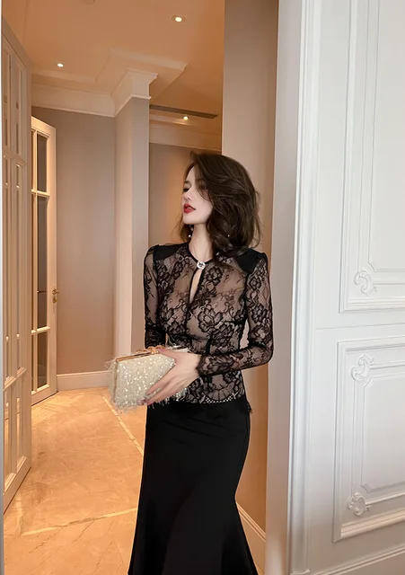 2023 Summer Hollow Out Lace Blouse Top and Midi Mermaid Skirt 