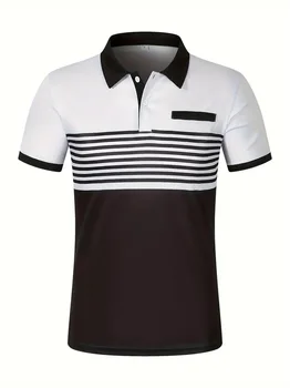 2024 short sleeved summer new item, men's casual polo shirt, V-neck button striped color blocked versatile T-shirt top 1