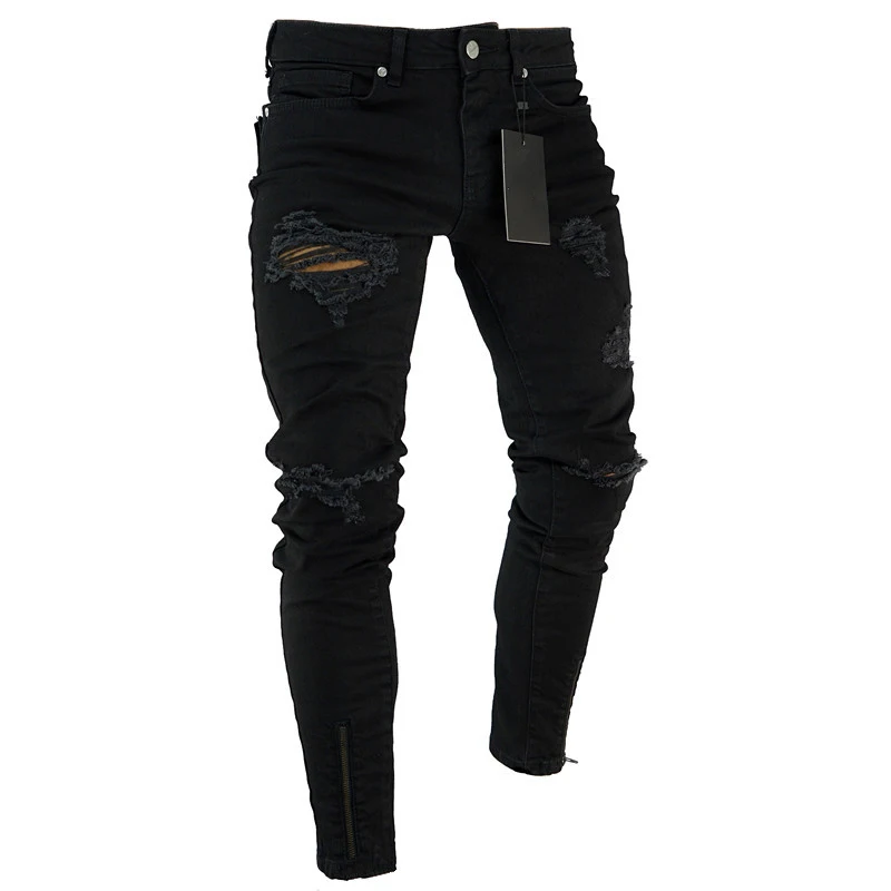 Black Stretch Skinny Fit Bottom Zipper Jeans Men Knee Ripped Distressed Hole Biker Jeans Pants Hip Hop Street Big Size XXXL