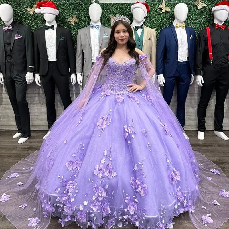 

Lavender Quinceanera Dress Off Shoulder 3D Flowers Beads With Cape Puffy Party Princess Sweet 16 Gown Vestidos De 15 Años