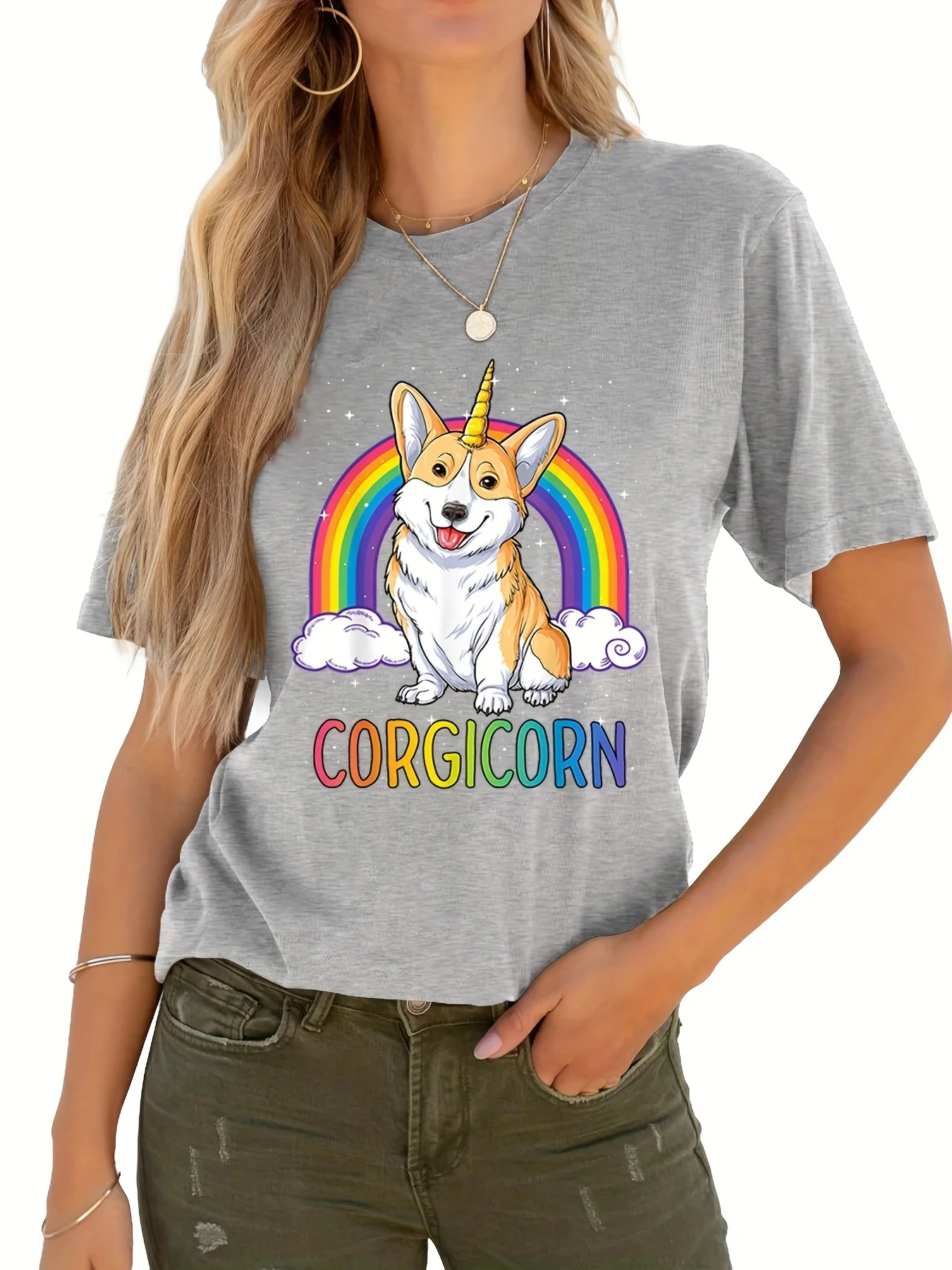 

Rainbow & Cartoon Corgi Pattern T-Shirt, Casual Short Sleeve T-Shirt For Spring & Summer, Women's Clothing