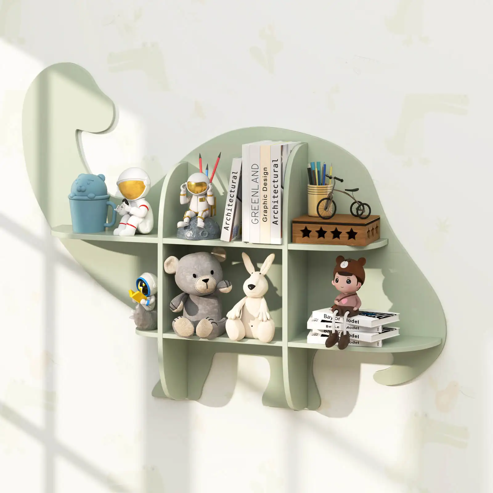 2-Tier Floating Dinosaur Kids Bookshelf Wall-Mounted Nursery Book Shelf 3
