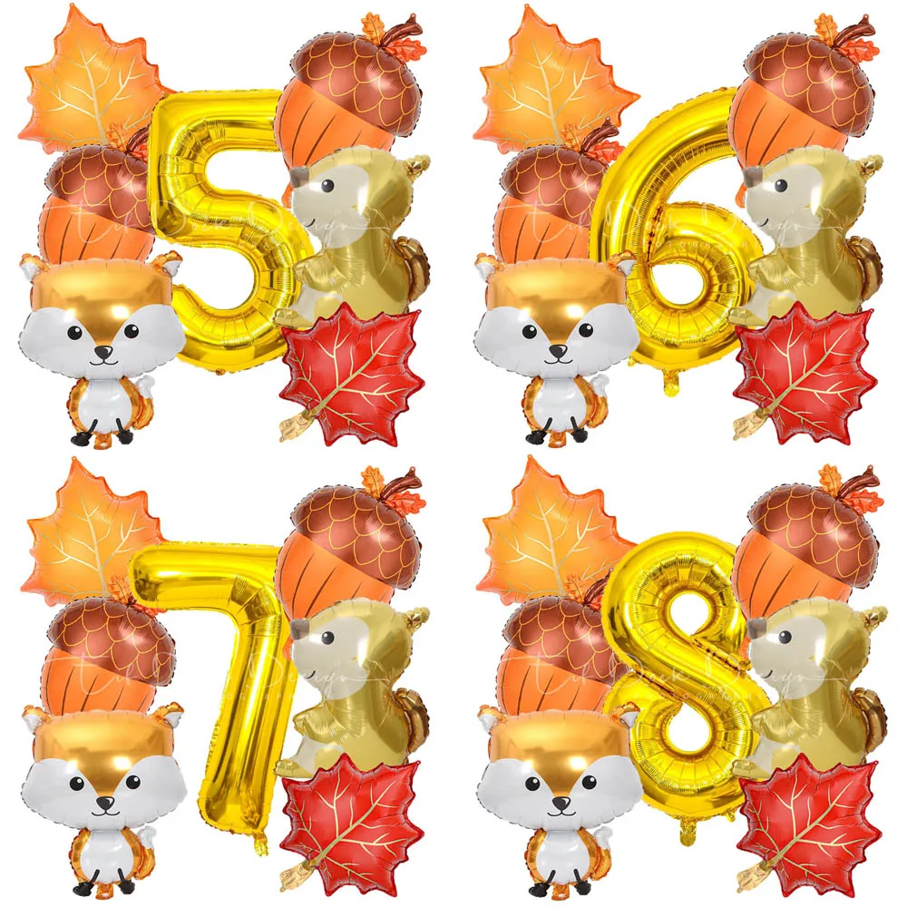 7 Stück Dschungeltiere Eichhörnchen Fuchs Ahornblatt Kiefer Thanksgiving Thema Gold Zahl Folienballon für Geburtstagsfeier Dekoration Geschenke