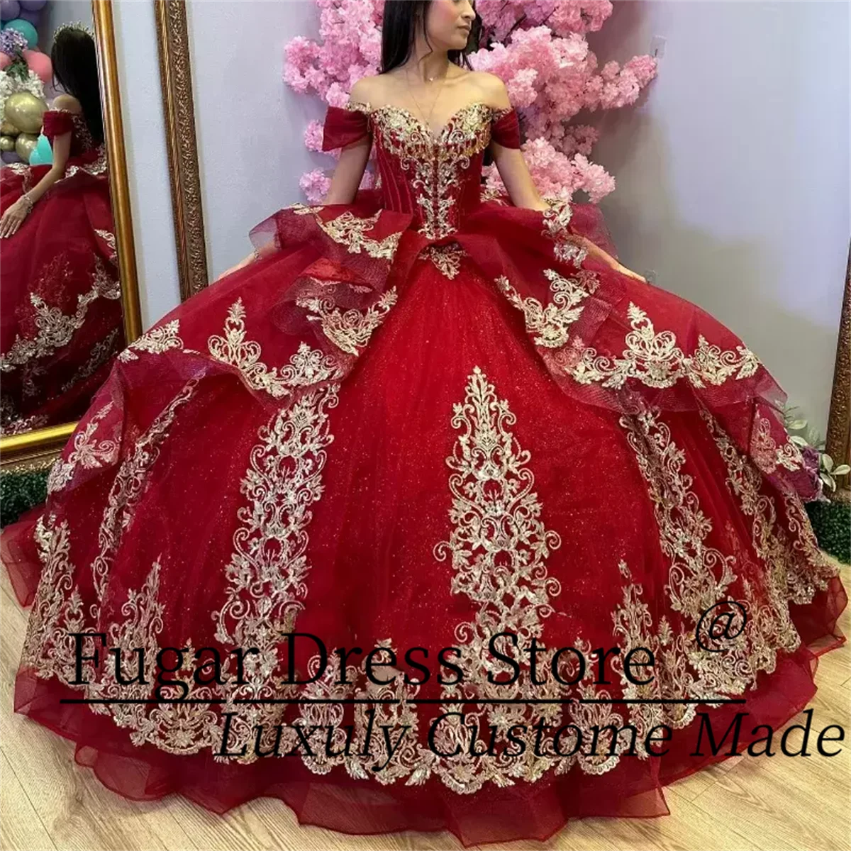 Luxuly French style Red Quinceanera Dresses Gold 3D Appliques Off Shoulfer Ruffle Sweet 15 Ball Gown vestidos para ni&ntilde;as