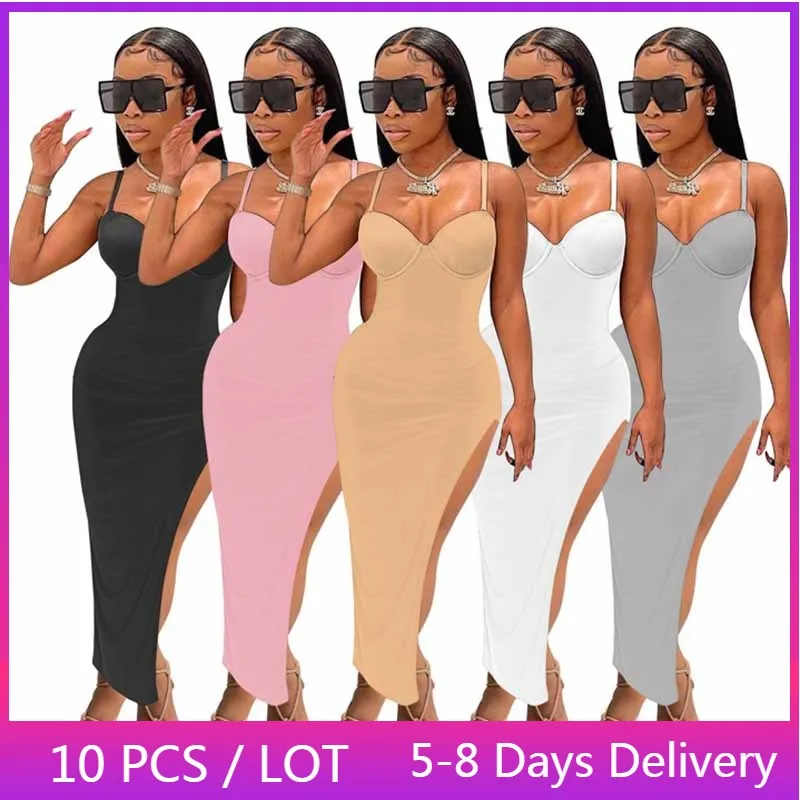

Wholesale Items Spaghetti Strap Bodycon Dresses Women Beach Solid High Split Long Summer Dress Backless Party Club Maxi Dress