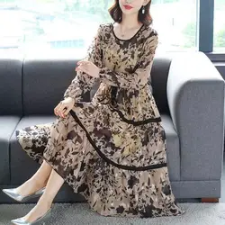 Elegant Vintage Ladies Printed Dresses Long Sleeve Spring Autumn Loose Fashion Lace Up Spliced Midi Party Dress Women's Clothing