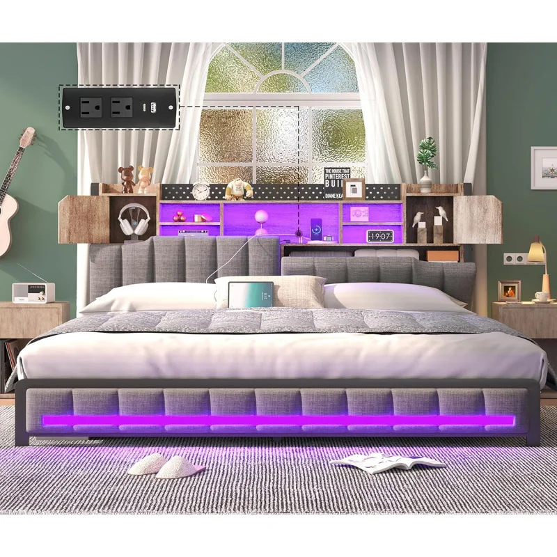 King Size Bed Frame and Bookcase Storage Headboard,LED Upholstered Bed Frame with Charging Station,Light up Platf