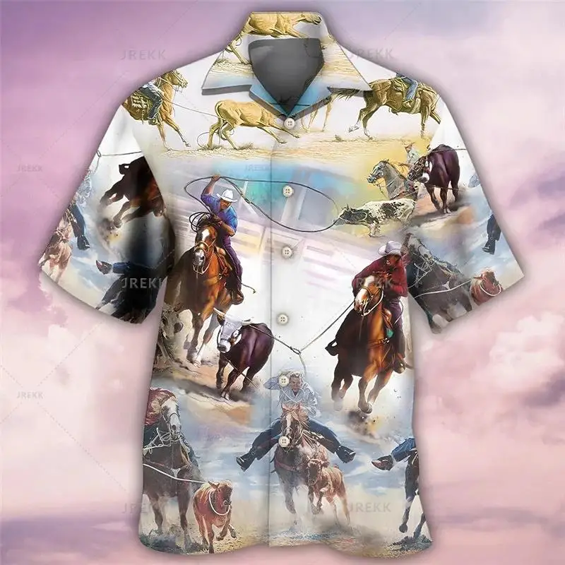 Camisa con estampado de vaquero occidental para hombre, blusa de manga corta con estampado de caballo en 3D, ropa masculina de gran tamaño estilo vintage, blusa informal y cómoda con cuello