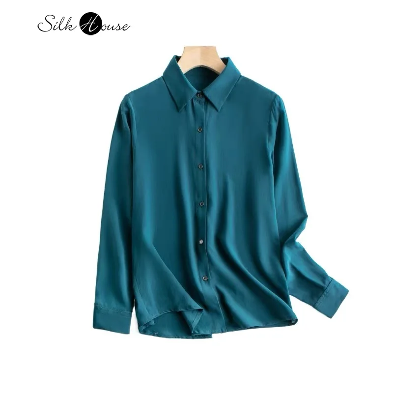 

2024 Summer 100%Natural Mulberry Silk Crepe De Chine Lapel Crab Blue OL Style Versatile Casual Women's Long Sleeved Shirt