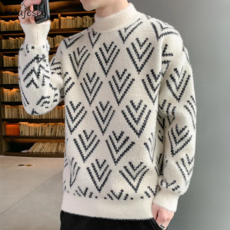 

Mock Neck Sweaters Men Simple Popular Korean Style Geometric Temperament High Street Autumn Winter Male Slouchy Pullovers Daily