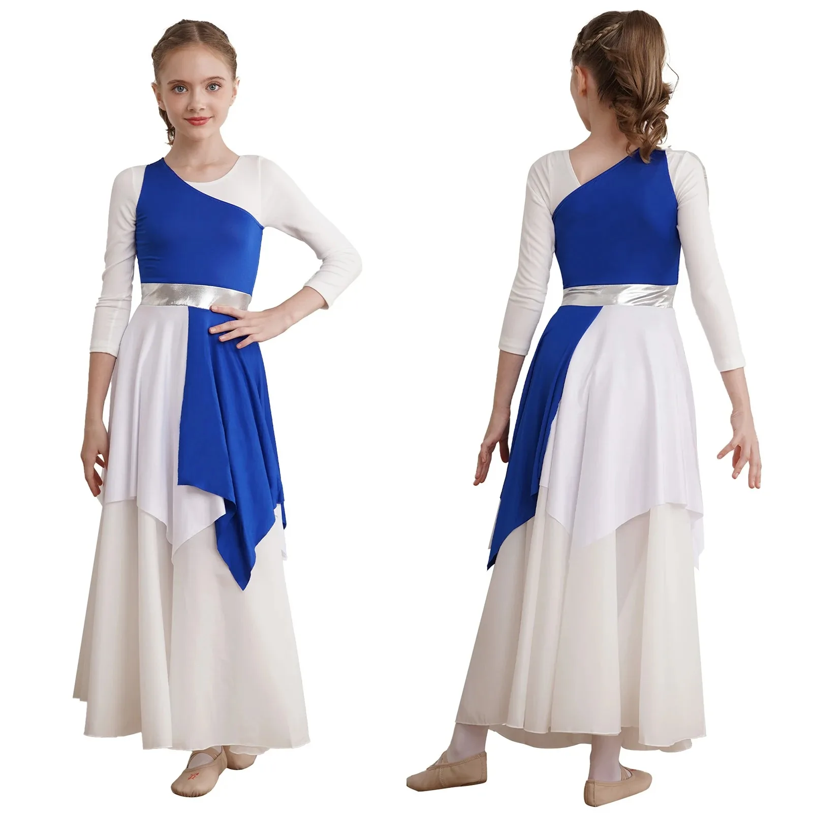 

Kids Girls Praise Liturgical Dance Dress Contemporary Lyrical Dance Costumes Sleeveless Single Shoulder Tunic Dance Dresses