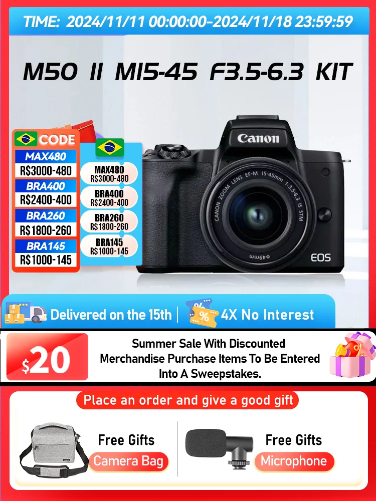 Canon EOS M50 II Kit APS-C Mirrorless Camera Compact Professional Photographer Photography 4K Video Cameras 24.10MP M50II（Used）