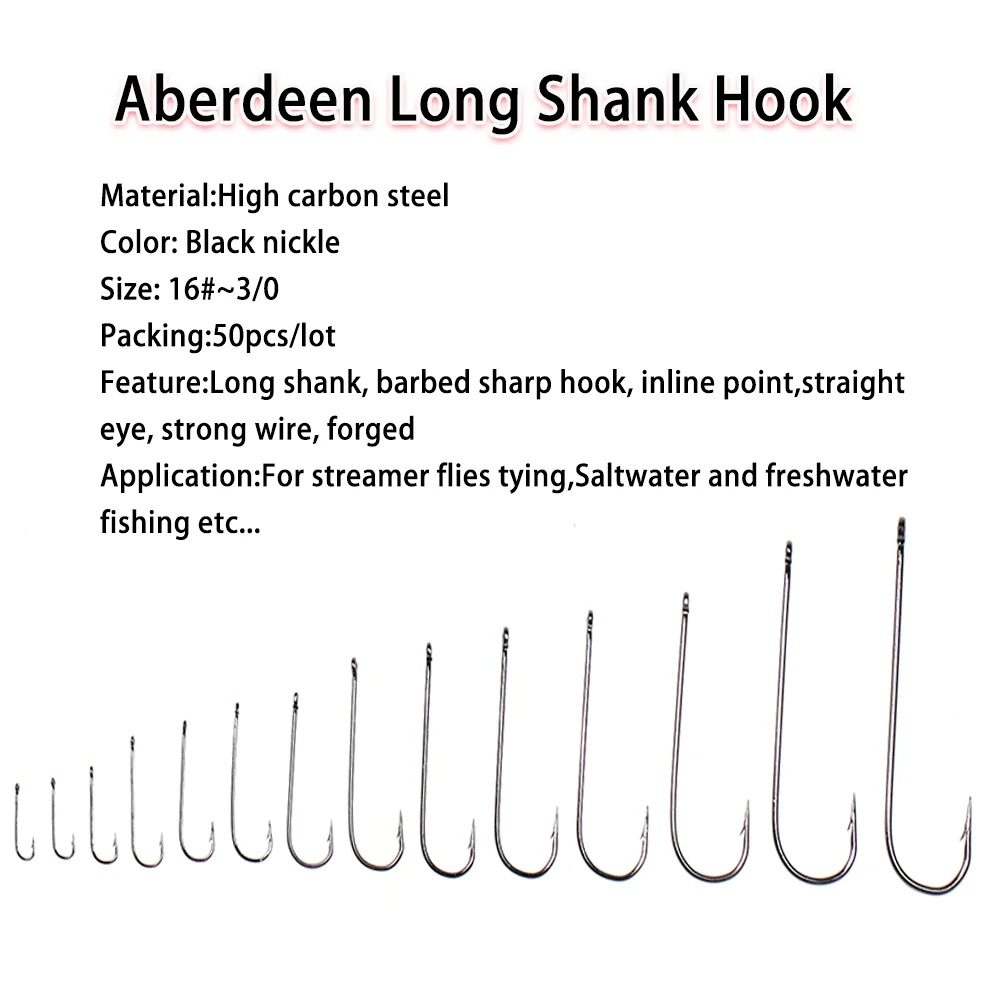 Lionriver Aberdeen Long Shank Hook Saltwater Freshwater Fish Hook Sabiki  Rig Streamer Fly Hook Trout Bass Catfish Fishing16#-3l0