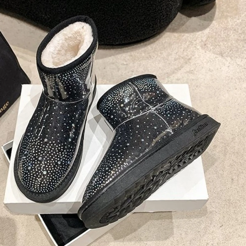 Winter Ankle Snow Boots Luxury Crystal Flats Women Shoes Plush Fur Warm Chelsea Boots Designer New Cotton Shoes Fashion Comfort