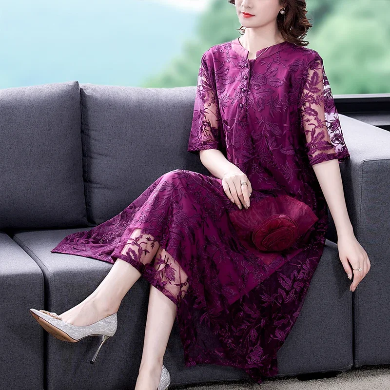 

Women Korean Vintage Emboridery Midi Dress Summer Purple Lace Hollow Out Sexy Dress 2024 New Elegant Bodycon Short Sleeve Dress