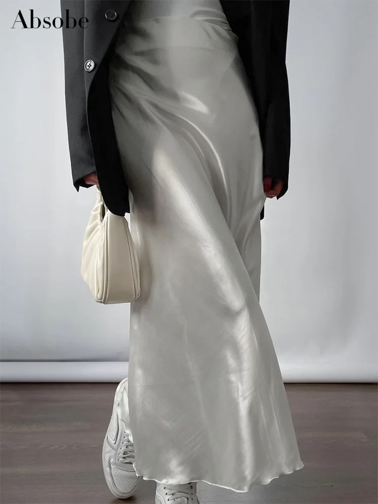 

Absobe Satin Straight Maxi Skirt Women High Rise Solid French Slim A-line Long Skirt Casual Commuting Autumn Elegant Commutwear