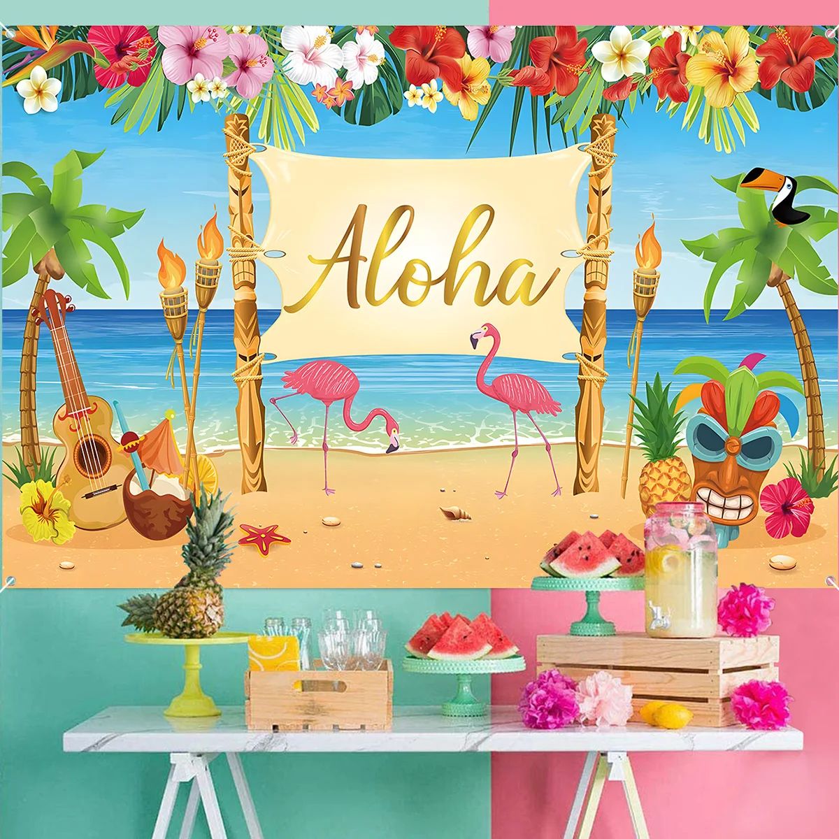 Luau Aloha Backdrop 7x5ft Hawaii Beach Photography Backdrop - Tropical Palm Tree Background For Parties & Photo Booths Tropical Party Decoration