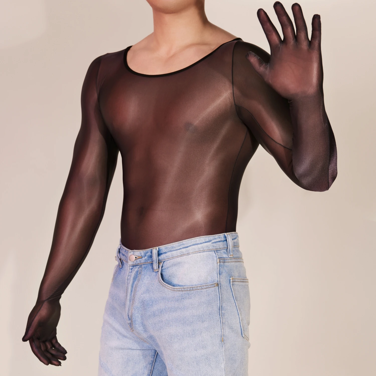 Men Sexy Jumpsuits One Piece Long Sleeve With Gloves Sheer Glossy Pajamas Ultra Thin Stretchy Playsuits Soft Silky Sleepwear