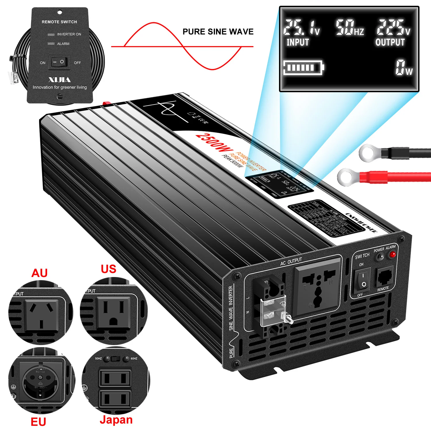 2000W Pure Sine Wave Power Inverter 12V 24V 48V DC to 120V 230V AC with USB  LCD 