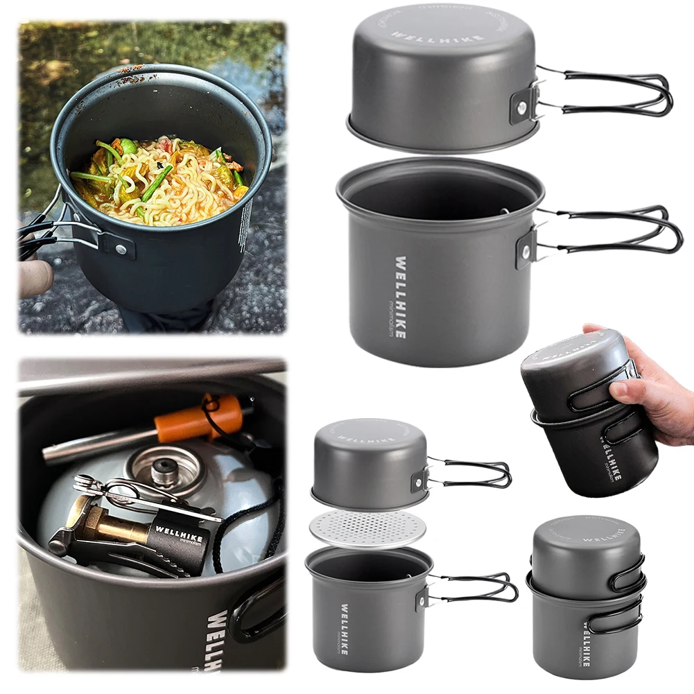 2Pcs Camping Cookware Pot with Handle Picnic Heat Cooker Aluminum Alloy Backpacking Trekking Hiking