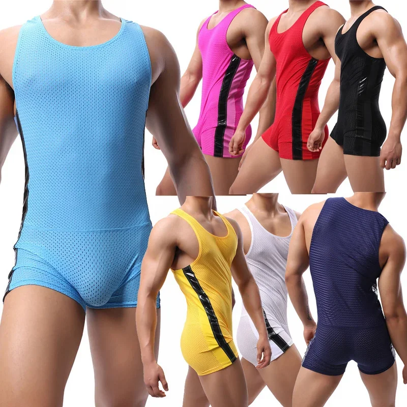 Mens Undershirts Sports Gym Fitness One-Piece Jumpsuits Wrestling Singlet Mesh Bodysuits Breathable Homme Boxer Shorts Underwear