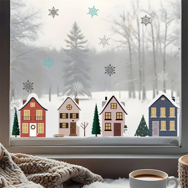 Christmas Houses Window Stickers Removable Self-adhesive Double Sided Snowflakes Xmas Tree Wall Glass Decals Home Decoration