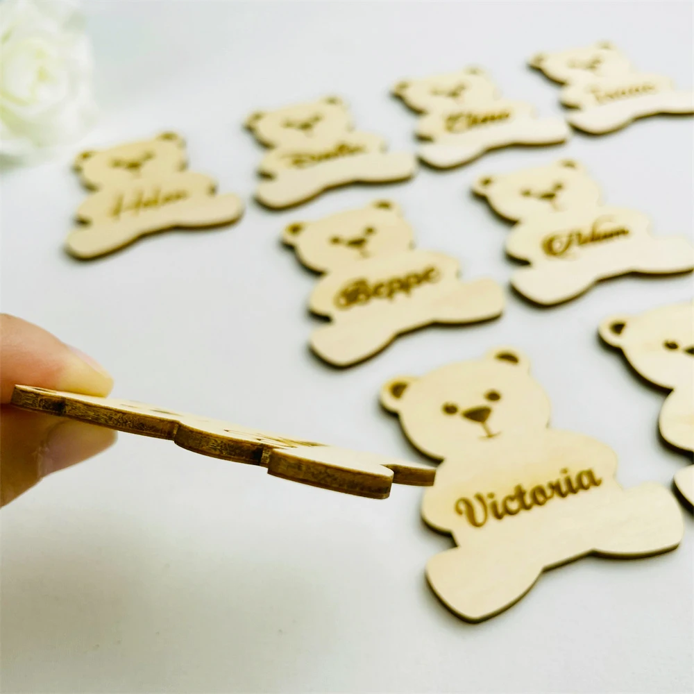 Wooden Bear Guest Names Place Setting Baby Shower Personalized Table Wedding Plate Cards Baby's Baptism Tag Favours Gift