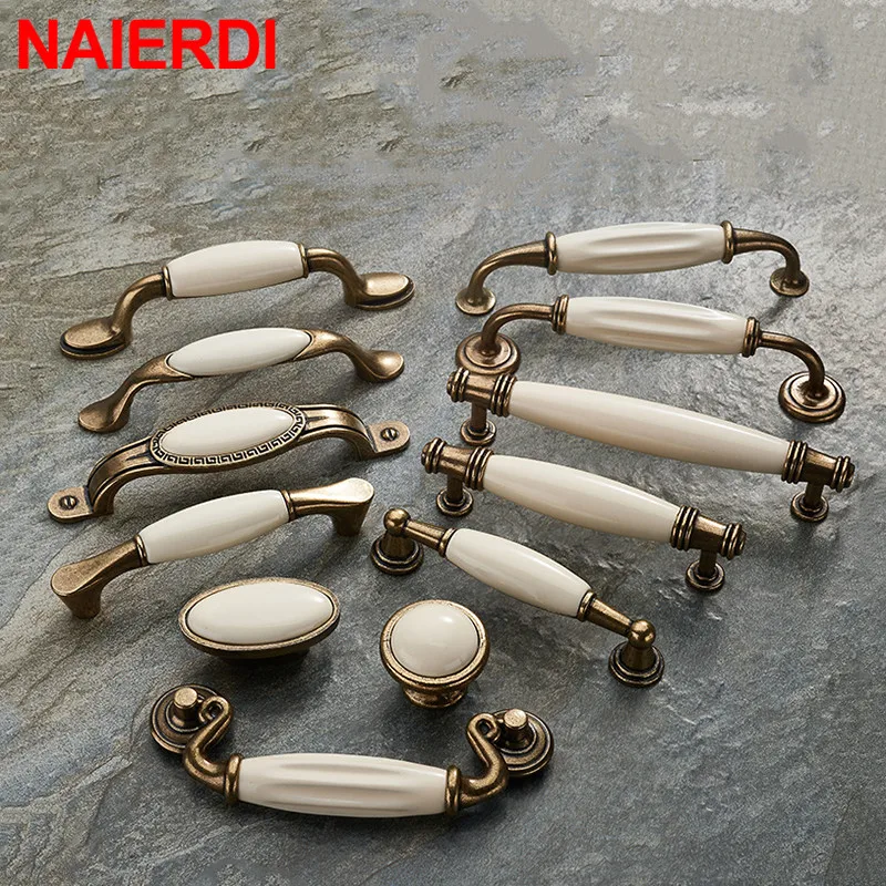 Zinc Alloy Antique Bronze Ceramic White Cabinet Handles Drawer knobs Wardrobe Door Handle European Furniture Hardware
