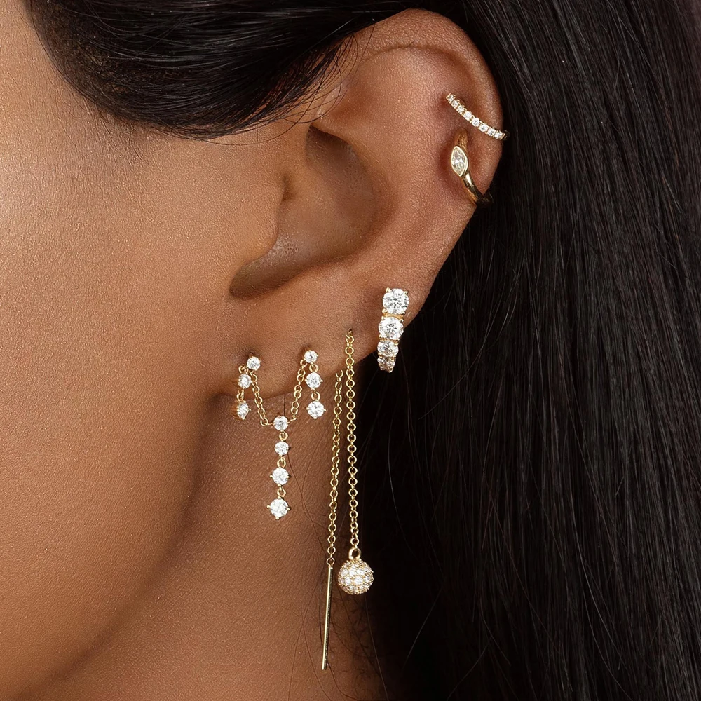 Doppio Piercing Micro Pave Clear Cz Station Link Chain Nappa Orecchino A Goccia Per Le Donne Gioielli Pendenti Delicati Minimali Brincos