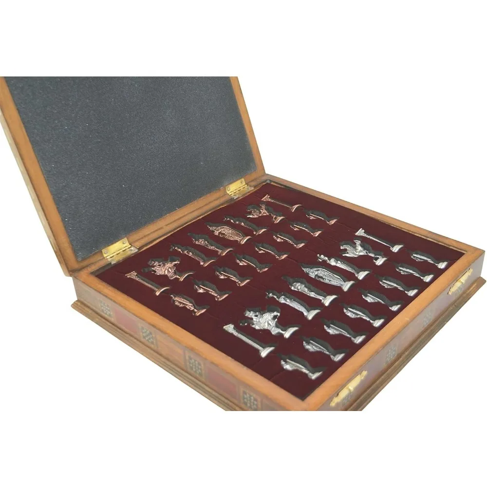 Antique Copper Metal Chess Set for Adults,Handmade Pieces and Natural Solid Wooden Chess Board with Storage Inside King 3.35inc